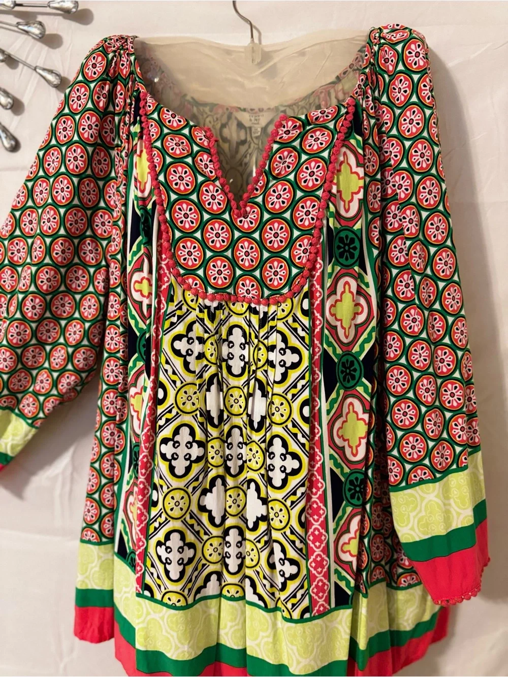 Women's Multi-Color Printed Preppy  Peasant Top Pinky yellow green 3X